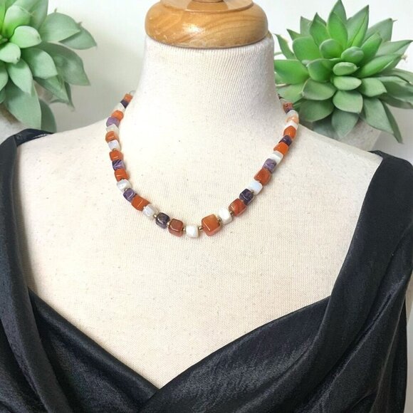 Vintage Carnelian Amethyst Milky Quartz Natural Stone 20" Necklace - Picture 1 of 7